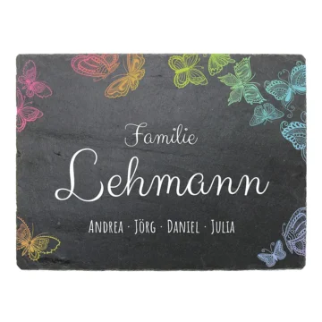 Farbenfrohes Türschild aus Schiefer mit Schmetterlingen und Namen Größe: 200 x 150 mm