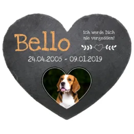 Gedenktafel Schieferherz mit Foto und Namen - 24 cm Motiv Hund