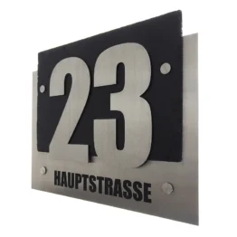 Hausnummer auf Schiefer und Edelstahl mit Straßennamen 340 x 270 mm
