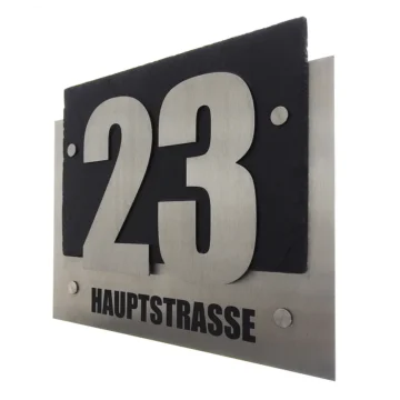 Hausnummer auf Schiefer und Edelstahl mit Straßennamen 340 x 270 mm