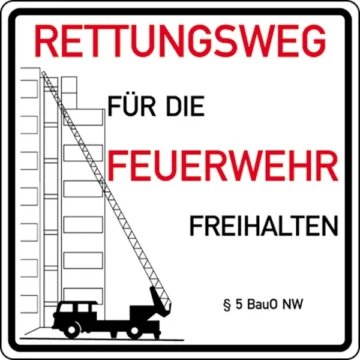 Hinweisschild für die Feuerwehr »Rettungswege für die Feuerwehr freihalten, § 5 BauO NW«