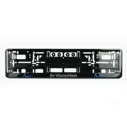 Kennzeichenhalter Klavierlack schwarz mit Wunschtext und Logo - Größe 52 cm - pro Stück
