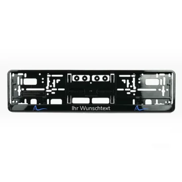Kennzeichenhalter Klavierlack schwarz mit Wunschtext und Logo - Größe 52 cm - pro Stück