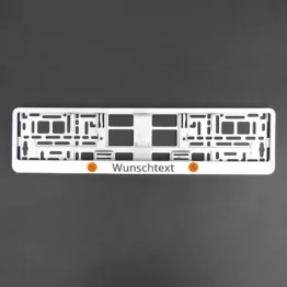 Kennzeichenhalter Klavierlack weiß mit Wunschtext und Logo - Größe 52 cm - pro Stück