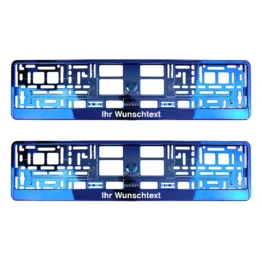 Kennzeichenhalter mit Wunschtext blau chrom - pro Paar