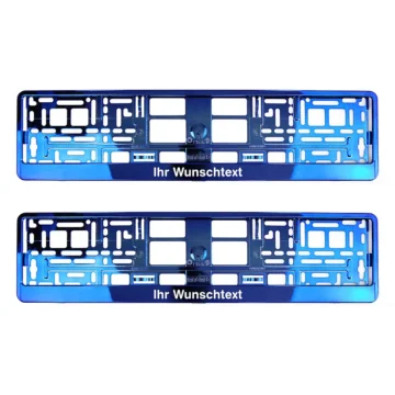 Kennzeichenhalter mit Wunschtext blau chrom - pro Paar