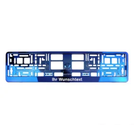 Kennzeichenhalter mit Wunschtext blau chrom - pro Stück
