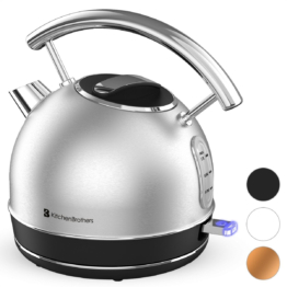 KitchenBrothers Elektrischer Wasserkocher - Retro - 1,7L - 2200W - Edelstahl - Silber