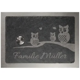 Klingelschild aus Schiefer und Edelstahl 17 x 12 cm - Design Eule