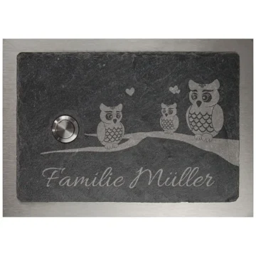 Klingelschild aus Schiefer und Edelstahl 17 x 12 cm - Design Eule