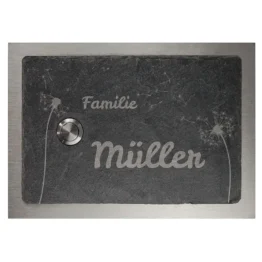 Klingelschild aus Schiefer und Edelstahl 17 x 12 cm - Design Pusteblume