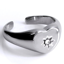 Laura Ferini Verstellbarer Damenring Lana Silber - Siegelring mit Herz und Zirkonia Kristall - Silber Damenschmuck - Wasserfester Edelstahl - Edelstahlschmuck - Accessoires