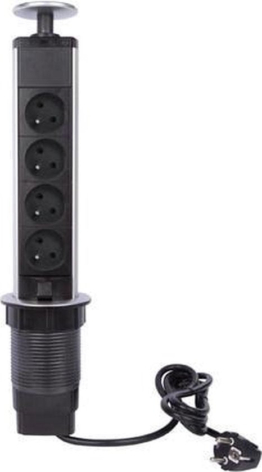 Perel Pop-up-Steckdose, 4 Steckdosen mit Stifterdung (Typ E), Einbauöffnung 71 mm, Innenbereich, schwarz/grau