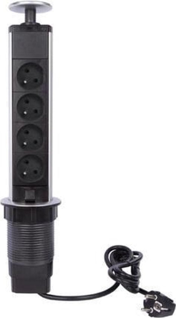 Perel Pop-up-Steckdose, 4 Steckdosen mit Stifterdung (Typ E), Einbauöffnung 71 mm, Innenbereich, schwarz/grau