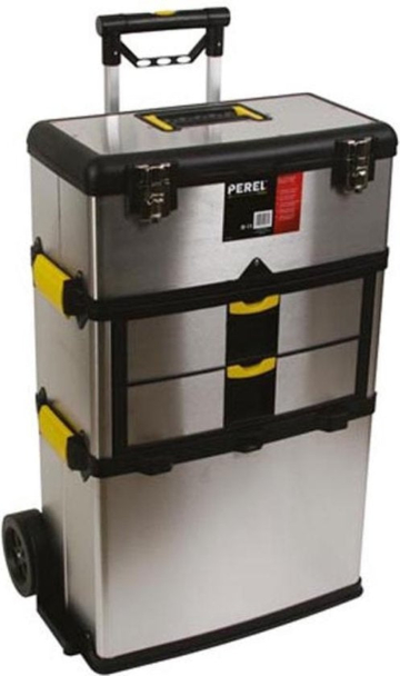 Perel Werkzeugwagen 3-in-1, Wagen, Edelstahl, mit Teleskopgriff, großen Rädern und 3 herausnehmbaren Fächern, für Profis und Heimwerker, 830 x 354 x 570 mm