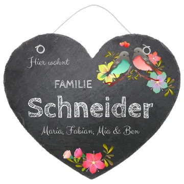 Schieferherz Türschild in der Größe 24 cm Design Birds