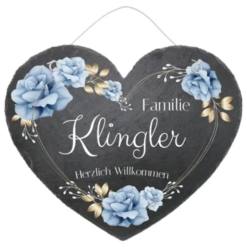Schieferherz Türschild in der Größe 24 cm Design Blue Roses