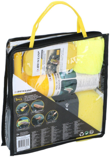 Dunlop Auto-Reinigungsset 5-teilig - Reinigungsschwamm - Armaturenbrett Glanz-Vanille - Mikrofasertuch - Fensterleder - Felgenbürste