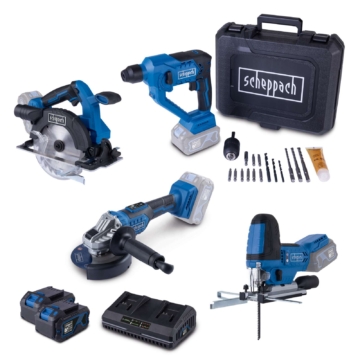 Akku-Aktions-Set AS100 Scheppach - 20V | Stichsäge | Handkreissäge | Winkelschleifer | Bohrhammer | inkl. 2x 4Ah Akku & 2,4A Doppelladegerät