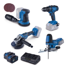 Akku-Aktions-Set AS200 Scheppach - 20V | Stichsäge | Bohrschrauber | Exzenterschleifer | Winkelschleifer | inkl. 2x 4Ah Akku & 2,4A Doppelladegerät
