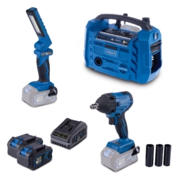 Akku-Werkstatt-Set AWS100 Scheppach - 20V | Kompressor | Schlagschrauber | Arbeitsleuchte | inkl. 2x 4Ah Akku & 2,4A Ladegerät