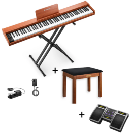 Donner DEP-1S Digitalpiano Halbgewichtete E-Piano Tastatur im Holzstil, Piano + Klavierbank Braun + Page Turner