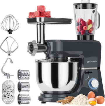 KitchenBrothers Küchenmaschine - Komplettset - 15 Zubehörteile - Küchenroboter - 6L - 1500W - Anthrazit