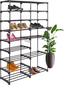 LifeGoods Schuhregal - Mit Haken - Multifunktional - 9 Schichten - 32 Paar Schuhe - Metall - Schwarz