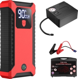 Toivo 12V Starthilfe fürs Auto - 1000A / 20.000 mAh - Mit Kompressor - 4-in-1 Starthilfe mit Powerbank, LED-Taschenlampe und SOS-Notleuchte - Im Aufbewahrungskoffer