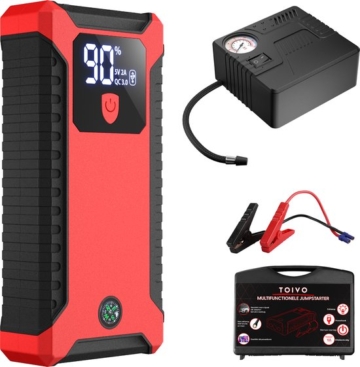 Toivo 12V Starthilfe fürs Auto - 1000A / 20.000 mAh - Mit Kompressor - 4-in-1 Starthilfe mit Powerbank, LED-Taschenlampe und SOS-Notleuchte - Im Aufbewahrungskoffer