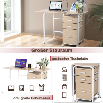 Coast opvouwbare computertabel met 3 laden bureau 105 x 50 x 75 cm natuur