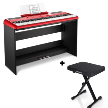 Donner SE-1 Digitalpiano mit 88 Tasten, Rot / Piano + X-Förmig Klavierhocker