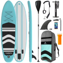 LifeGoods SUP Board - Aufblasbares Paddle Board - Komplettset - Max. 135KG - 320x81cm - Mintgrün/Schwarz