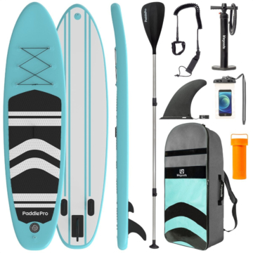 LifeGoods SUP Board - Aufblasbares Paddle Board - Komplettset - Max. 135KG - 320x81cm - Mintgrün/Schwarz