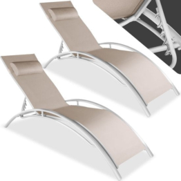 tectake 2er-Set Gartenliegen - Aluminium-Liegen - wetterfest - ideal für Garten - Balkon - Terrasse - inkl. Kopfkissen - 5-fach verstellbare Rückenlehne - beige