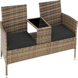 tectake - Geflecht-Gartenbank mit Tisch, 2-Sitzer-Bank, 131 x 61 x 82 cm, Gartenbank für Balkon und Terrasse, Gartenbank inklusive Sitzkissen - natur