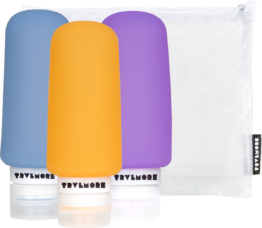 TRVLMORE Silikon-Reiseflaschen - Wiederbefüllbar - Handgepäck - 100 ML - 3 Stück - Orange/Lila/Blau