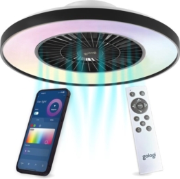 Gologi Deckenventilator mit Beleuchtung - Ã˜60 cm - LED RGBW - 6 Stufen - Schlafzimmer-Deckenleuchte - Deckenleuchte mit Ventilator - Mit Fernbedienung und App - Schwarz