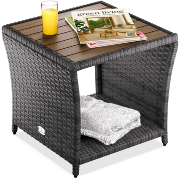 Polyrattan Beistelltisch Grau 40x45x45cm Akazienholz