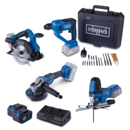 Akku-Aktions-Set AS100 Scheppach - 20V | Stichsäge | Handkreissäge | Winkelschleifer | Bohrhammer | inkl. 2x 4Ah Akku & 4,5A Doppelladegerät