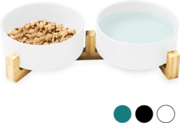 Fressnapf Hund - Fressnapf Katze - Trinknapf - Mit Bambusständer - 2x 400 ml - Größe S - Weiß matt