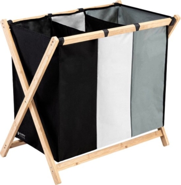 Happy Goods Wäschekorb - 3 Fächer - Wäschesortierer - 120 L - Faltbar - Schwarz/Grau/Weiß